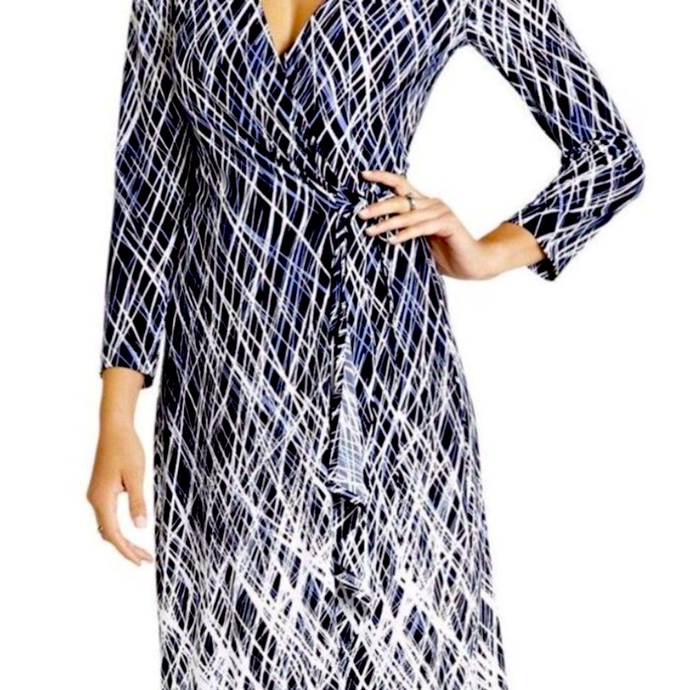 BCBGMaxAzria Black, White and Blue Patterned Wrap Dress